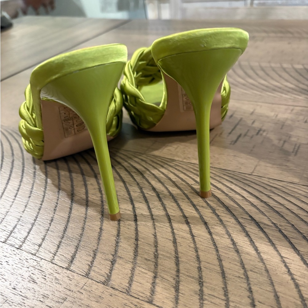 NEW Simmi London Brandy Bright Green Satin Woven Open Toe Slide On Mules Heels - Picture 7 of 10